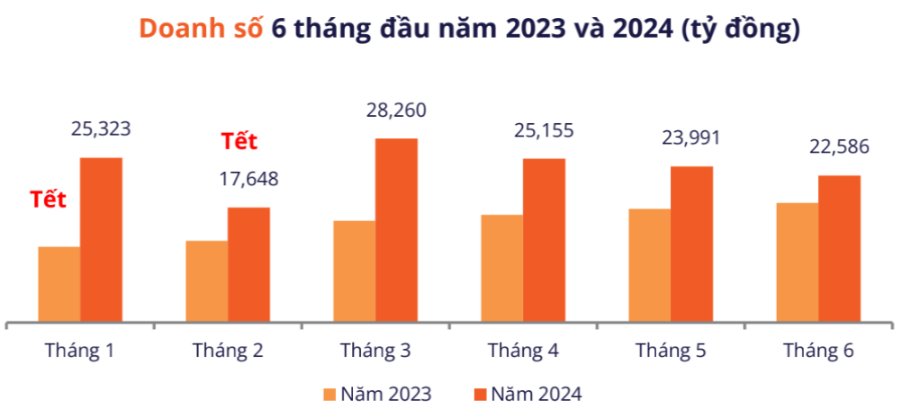 Doanh số thị trường thương mại điện tử Việt Nam 6 tháng đầu năm 2024 so với cùng kỳ năm trước. Số liệu: Metric