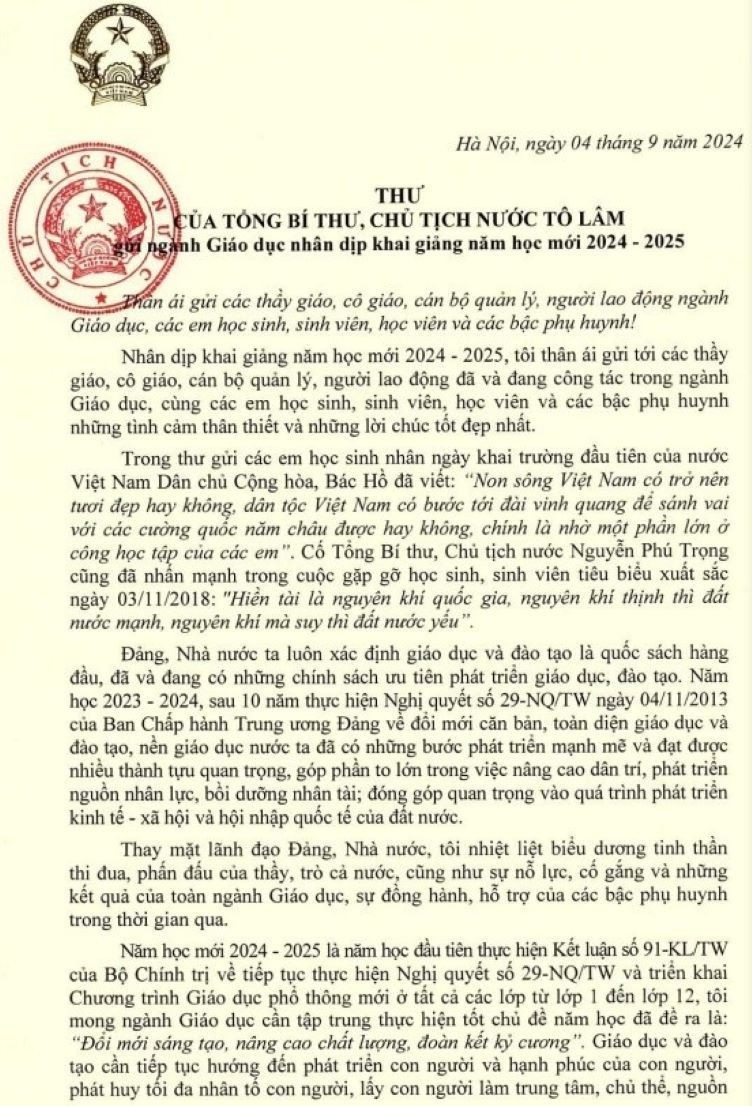 Thư của Tổng Bí thư, Chủ tịch nước Tô Lâm gửi ngành giáo dục nhân dịp khai giảng năm học mới 2024 - 2025