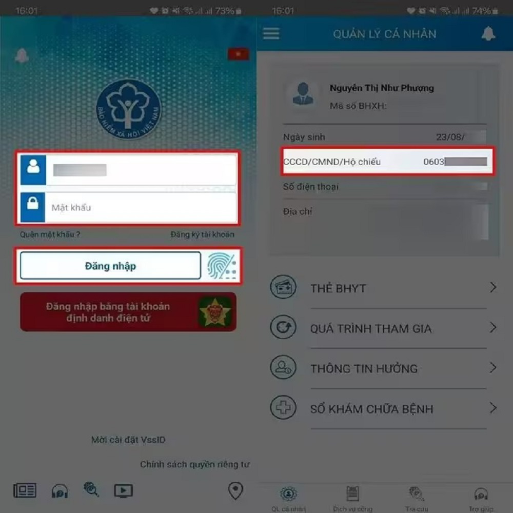 Mở ứng dụng VssID trên điện thoại - đăng nhập tài khoản. Nếu tài khoản đã hiển thị số căn cước thì không cần cập nhật. Nếu vẫn còn số CMND cũ thì cần thực hiện thay đổi thông tin.